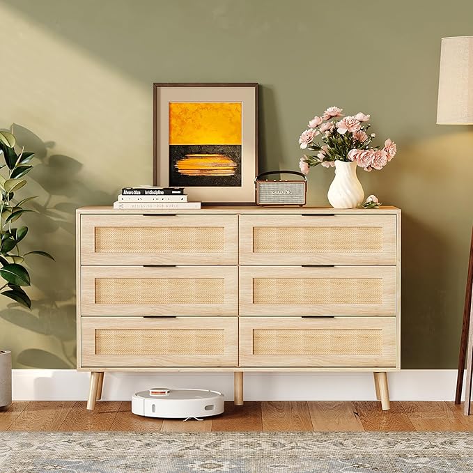 VINGIL 6 Drawer Rattan Dresser, Boho Chest of Dressers, Modern Wooden Dresser with Ample Storage, Rattan Chest of Drawers for Bedroom, Oak