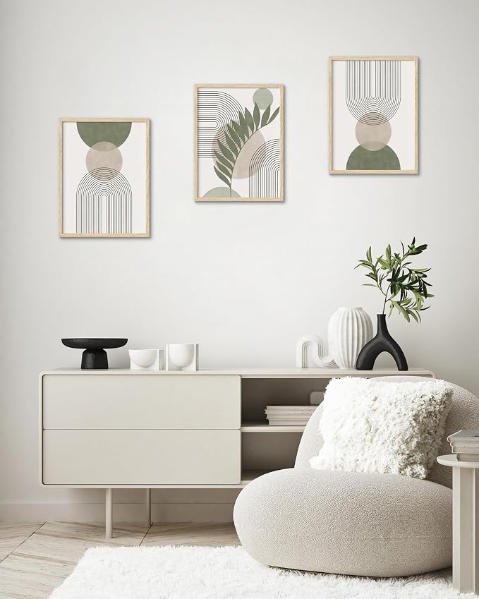 HesenDot Unframed Boho Sage Green Canvas Prints,12x16in Botanical Line Poster,Set of 3 Abstract Geometric Posters Decor,Minimalist Modern Green Artwork for Living Room Bedroom Bathroom Home, Unframed