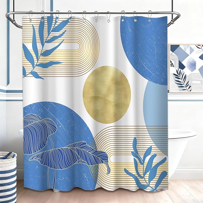 Light Blue and Gold Shower Curtain Boho Blue and White Shower Curtains for Bathroom Decor Mid Century Modern Bath Curtain Set, Waterproof Fabric with Hooks 60 x 72 Inch