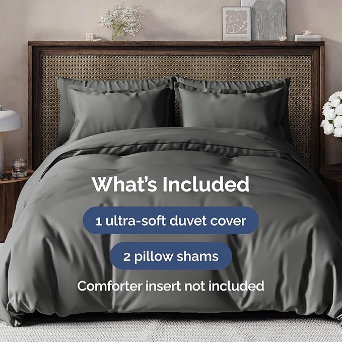 Duvet Cover Queen Size - Extra Soft Queen Size Duvet Cover - Lightweight & Breathable - Easy Care & Fade Free with Zipper Closures and Ties - 90" x 90" Inches - (Charcoal) Comforter Not Included