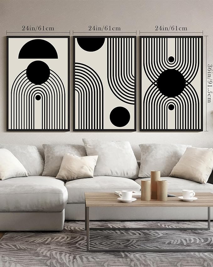 Drsoum Large 24x36in Black and White Abstract Framed Wall Art Decor Duotone Minimal Dark Brush Stroke Prints Shapes Illustrations Modern Art Decorative Ready To Hang - Black Framed