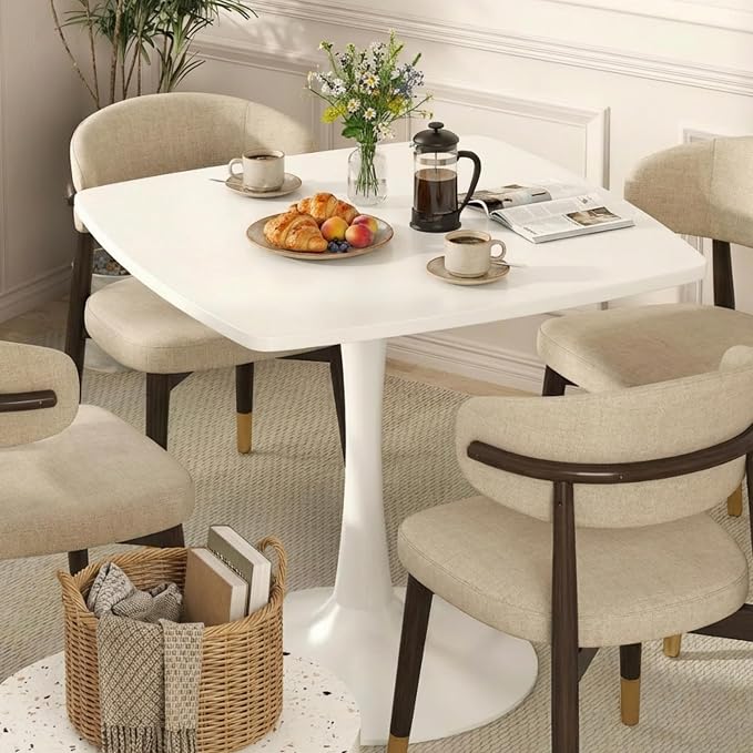 DKLGG White Tulip Table for 2, Small Dining Table with Pedestal Base, 32 Inch Leisure Design Square Kitchen Table for Dining Room Small Space