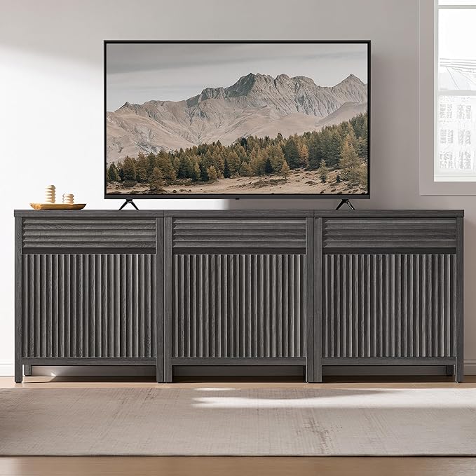 SICOTAS Sideboard Buffet Cabinet with Drawer - Fluted Sideboard Modern Credenza with Doors & Adjustable Shelves, Farmhouse Coffee Bar Media Console for Living Room Kitchen Entryway, Black Oak