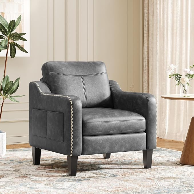 MALOL PU Leather Accent Chair, Mid-Century Modern Living Room Armchair Sofa with Removable Cushions, Solid Wood Frame & Stitched Armrest Design, Bedroom Chair with Plastic Legs, Black