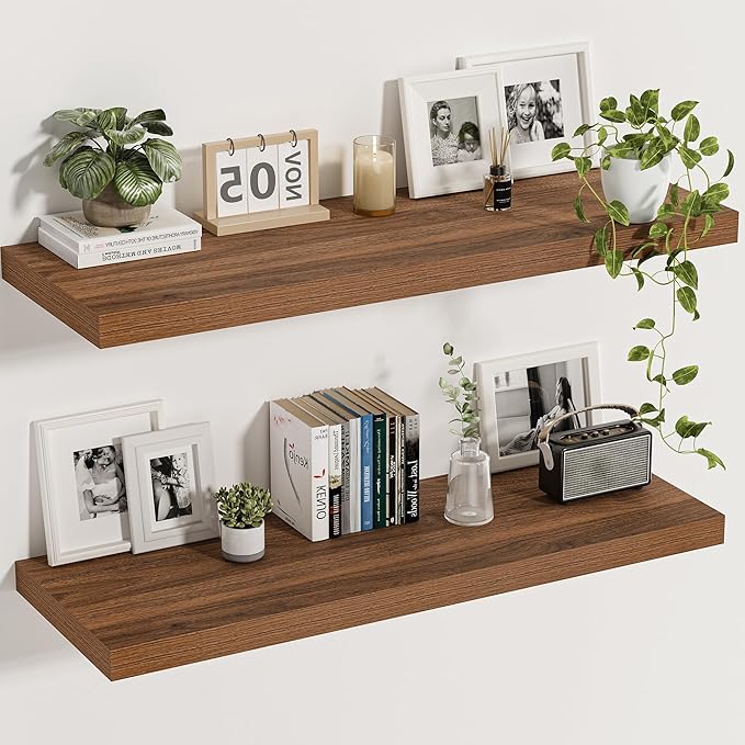 Vivelove Rustic Floating Shelves for Wall 12 Inch Deep, 47.2" X 12" X 1.5" Floating Shelf, 2 Inch Thick Shelf for Living Room Bathroom Bedroom Kitchen Office, Rustic Farmhouse Decor Set of 2, Walnut