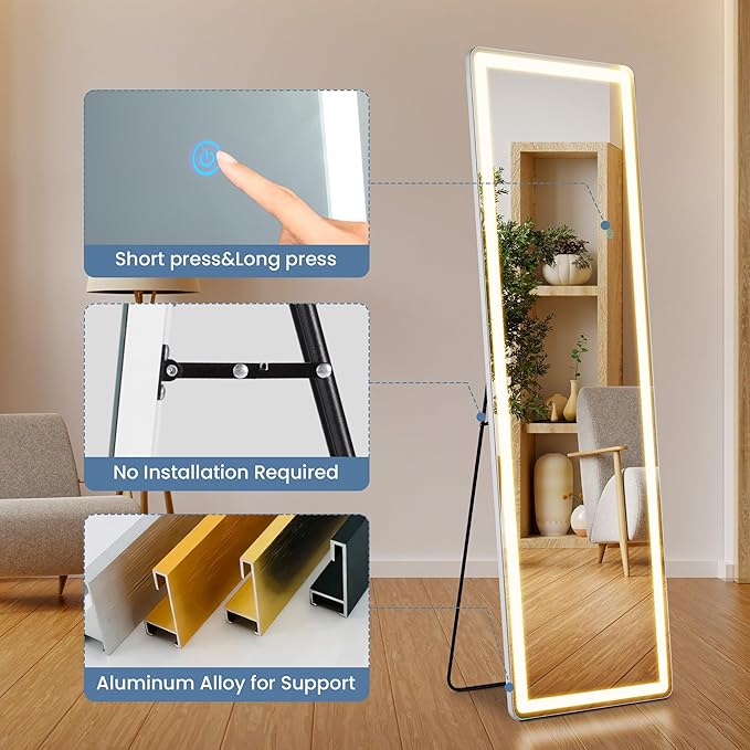 OLIXIS 16"x 60" LED Full Length Mirror with Lights, Standing Lighted Floor Full Body Mirror with 3 Color Lighting, Wall Mounted Mirrors for Bedroom, Bathroom, Entryway with Tempered Glass