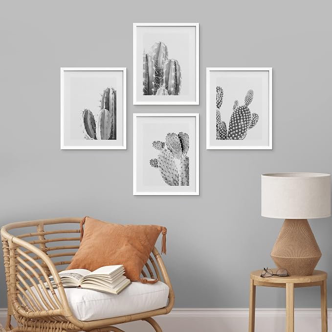 SIGNWIN Framed Black & White Saguaro Southwest Desert Tropical Cactus Wall Art, Set of 4 Floral Botanical Wall Decor Prints, Nature Wilderness Wall Décor for Living Room, Bedroom - 8"x10" White