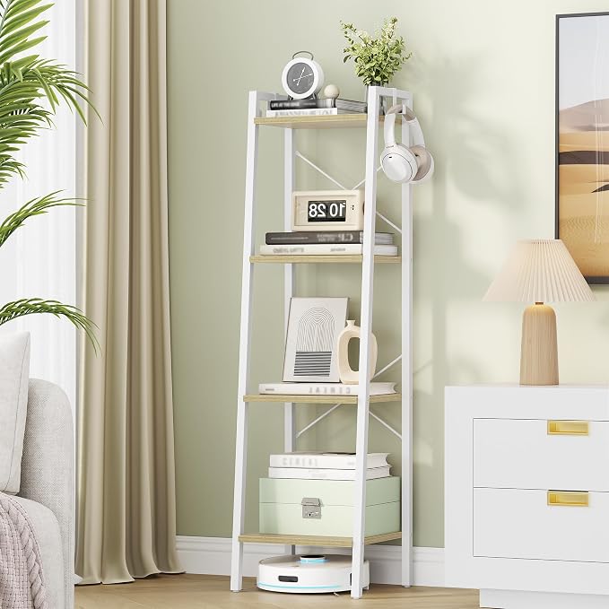 Hzuaneri Ladder Shelf, Bookshelf Bookcase, Freestanding Corner Storage Shelve with 2 Hooks for Home Office, Living Room, Kitchen, Bedroom, Industrial, 11.8" D x 13.4" W x 47.2" H, White Oak and White