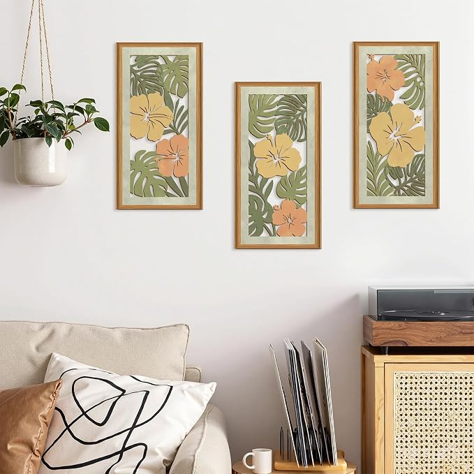 Celestdeco 3 Pcs Boho Flower Market Wall Decor Floral Botanical Modern Wood Wall Art Bohemian Floral Hanging Decor Abstract Minimalist Wooden Art for Living Room Bedroom Office 7.9 x15.8 Inch