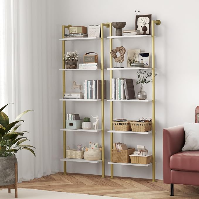 Acovy 5-Tier Bookshelf - Solid Wood Narrow Bookcase Set of 2, Wall Mount Ladder Shelf, Storage Rack for Living Room, Bedroom, Bathroom, White and Gold