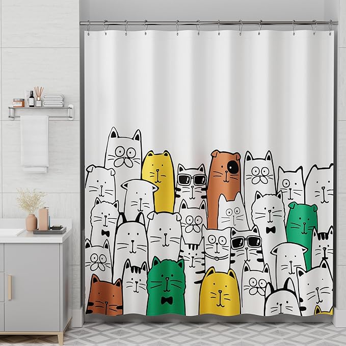 AmazerBath Shower Curtain, Washable Cute Kitty Carnival Cloth Shower Curtain Set with 12 Metal Hooks, Kawaii Waterproof Fabric Black and White Shower Curtain for Kids' Bathroom, 72x72 Inches