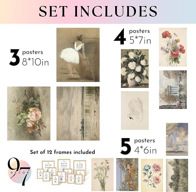 97 Decor Vintage FRAMED Wall Art - Framed Vintage Wall Art Prints, Vintage Posters For Room Aesthetic, Lanscape Prints For Walls Decor, Moody Gallery Walls Pictures Botanical Paintings For Home Bedroom (BEIGE FRAME)