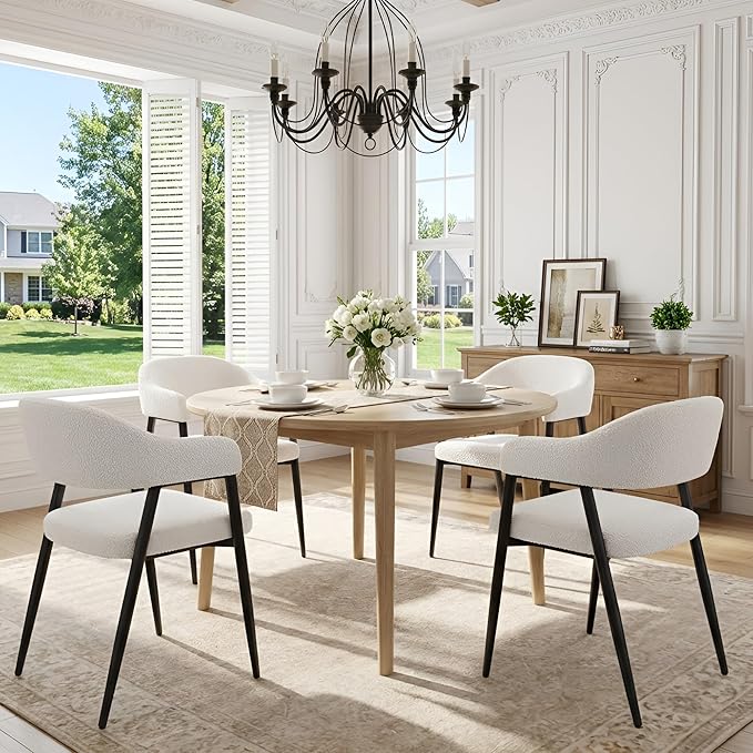 HNY Modern Dining Room Arm Chairs Set of 2, Mid-Century White Faux Sherpa Boucle Upholstered Barrel Dining Chairs with Arms, Black Metal Legs, Open-Back Kitchen Side Chair for Living Room