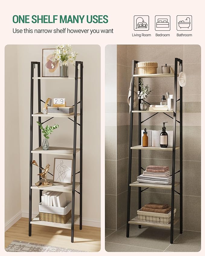 Hzuaneri Ladder Shelf, Bookshelf Bookcase, Freestanding Corner Storage Shelve with 2 Hooks for Home Office, Living Room, Kitchen, Bedroom, Industrial, 11.8" D x 17.3" W x 63" H, Greige BC19205B