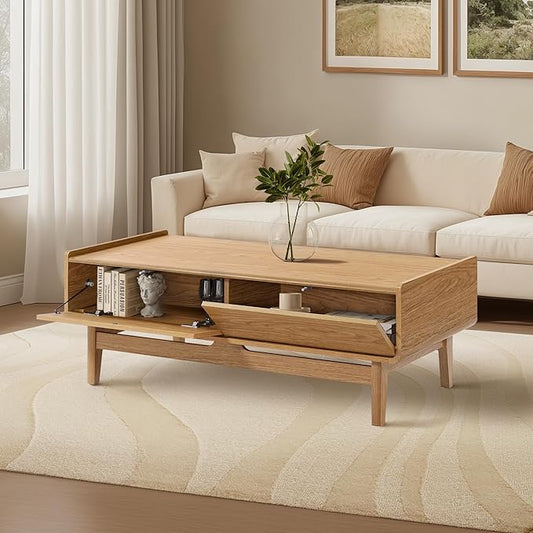 LuxenHome Coffee Table with Storage, 47" Mid Century Modern Summer Oak Wood Center Table for Living Room, Wooden Space-Saving Rectangular Accent Storage Table for Home, Office