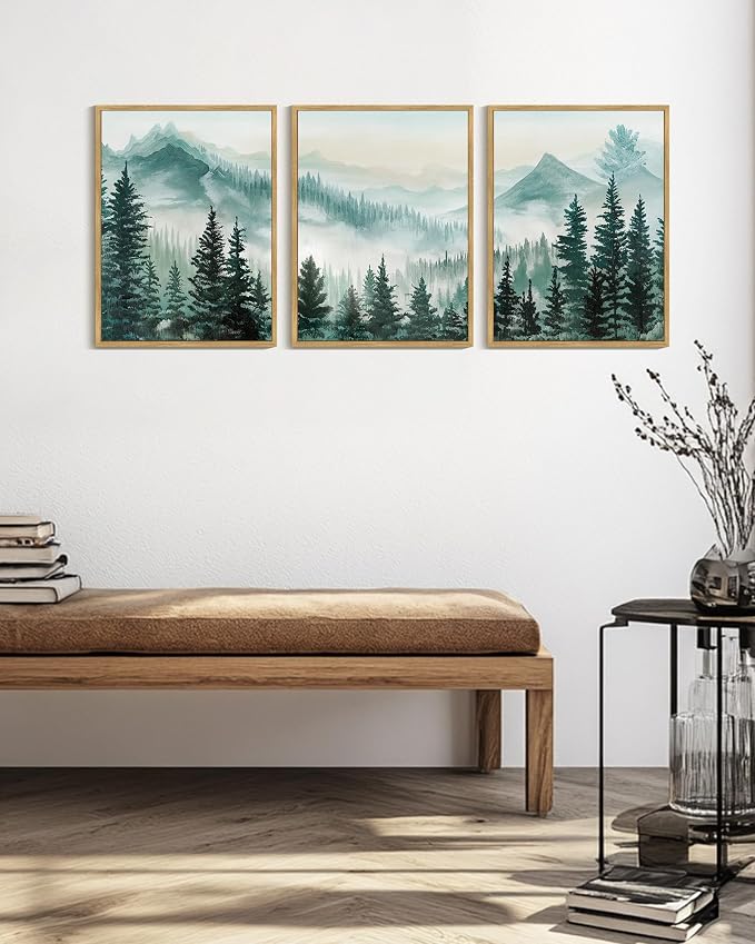 KUVIOKE Fog Pine Tree Mountain Landscape Framed Wall Art Watercolor Nature Misty Forest Painting Vintage Farmhouse Rustic Wall Decor for Bedroom Hallway 12x16in (Natural Framed)