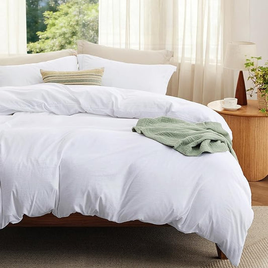 Bedsure Duvet Cover Queen Size with Fitted Sheet - 4 Pieces Prewashed Polyester Soft Bedding Set, Includes 1 Duvet Cover 90"x90" with Zipper Closure, 2 Pillow Shams, 1 Fitted Sheet, Bright White