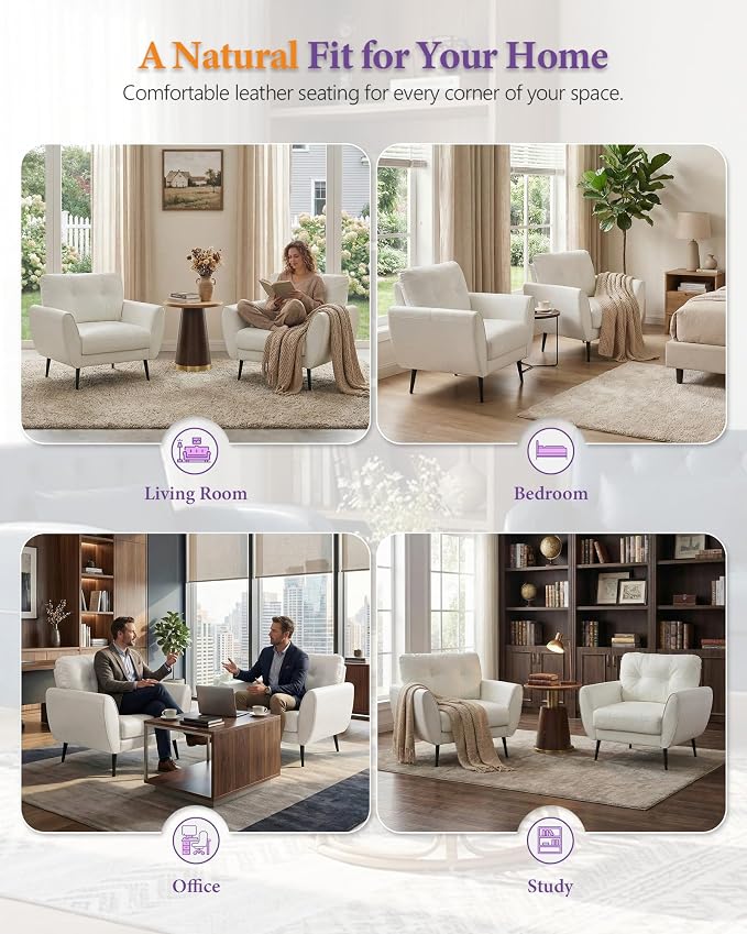 TYBOATLE Accent Chair Comfy Modern Living Room Chair White Leather Reading Accent Chairs Tufted Mid Century Moden Arm Chair Small Salon Chair for Office Bedroom (1, White)