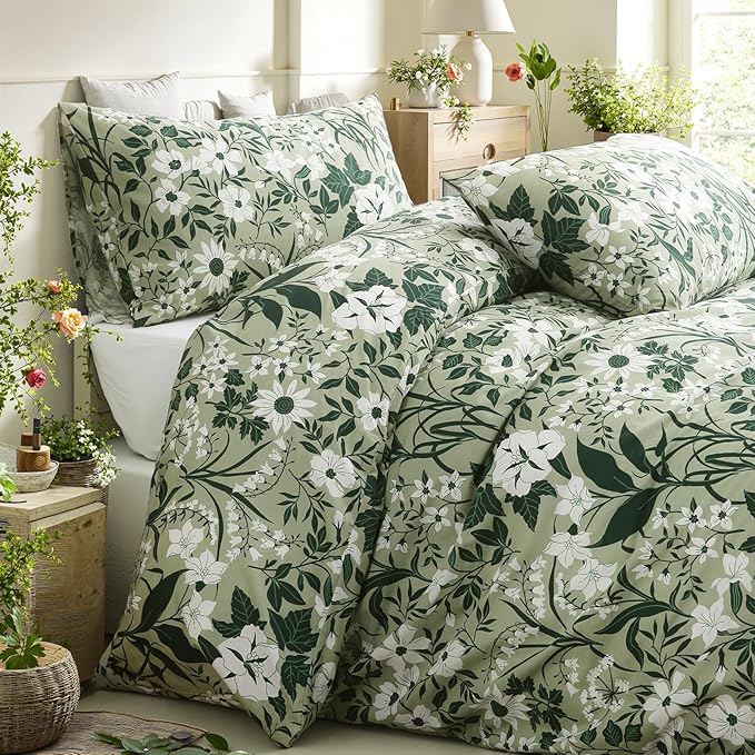 Green Floral Duvet Cover Queen 100% Cotton Decorative Emerald Comforter Cover 3 Pcs Set Dark Green Botanical Duvet Cover with Zipper Ties 2 Pillowcases Tropical Floral Bedding