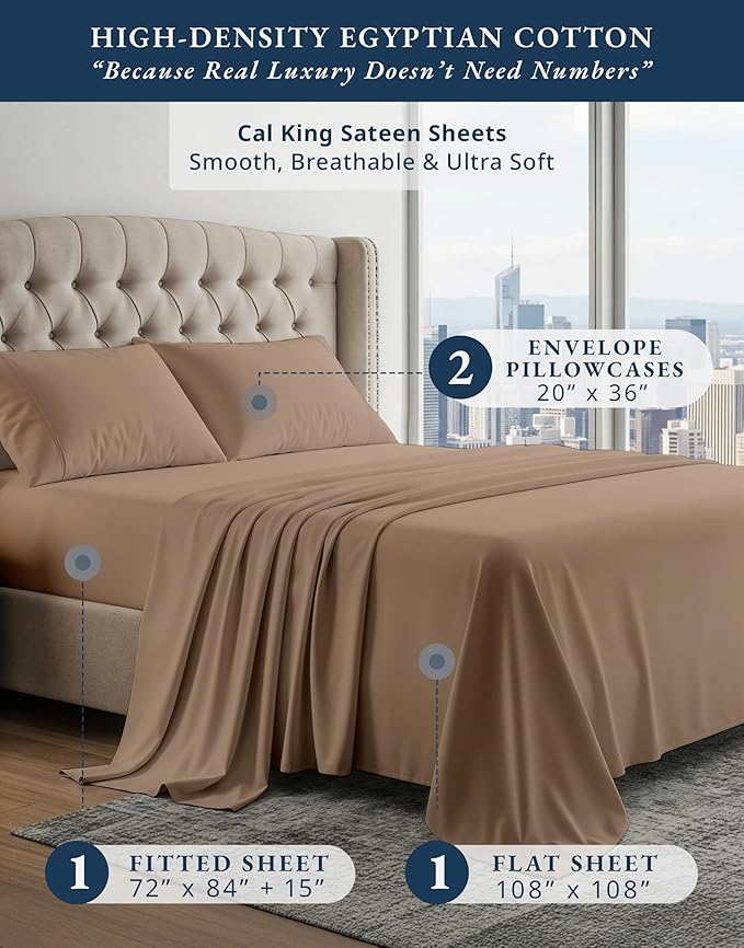 LANE LINEN Luxury 100% Egyptian Cotton Sheets Cal King Sheet Set, Eo Friendly Oeko-Tex Certified No Pill Fade Resistant Fully Elasticized Machine Washable Cooling Bed Sheet -Taupe