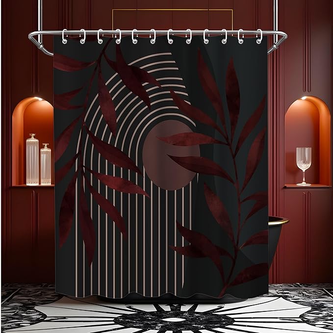 Boho Black and Dark Red Shower Curtain, Mid Century Modern Burgundy Shower Curtains for Bathroom, Waterproof Fabric Set with Hooks, 70" W x 72" L