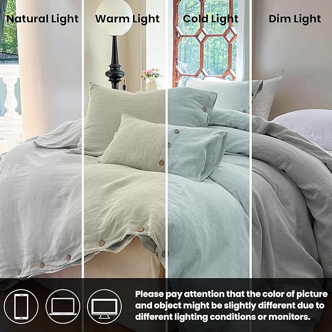 Simple&Opulence 100% Linen Duvet Cover Set 3pcs with Coconut Button Closure Natural French Washed Flax Solid Color Soft Breathable Farmhouse Bedding - Light Grey, King Size