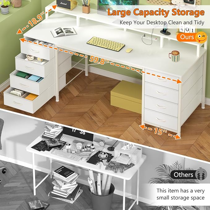 YOMILUVE 60 Inch Computer Desk with 8 Fabric Drawers, Gaming Desk with LED Lights & Power Outlets, Home Office Desk with Monitor Stand, White