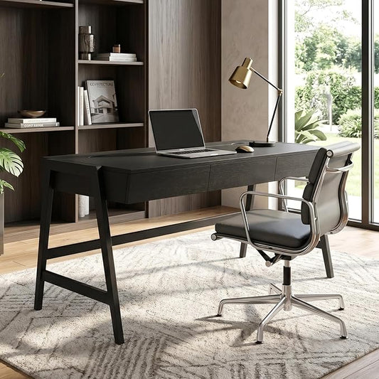 ROCITY Black Wood Desk with Drawers Home Office Desk Mid Century Modern Writing Table for Bedroom Vanity Living Room Study Workstation