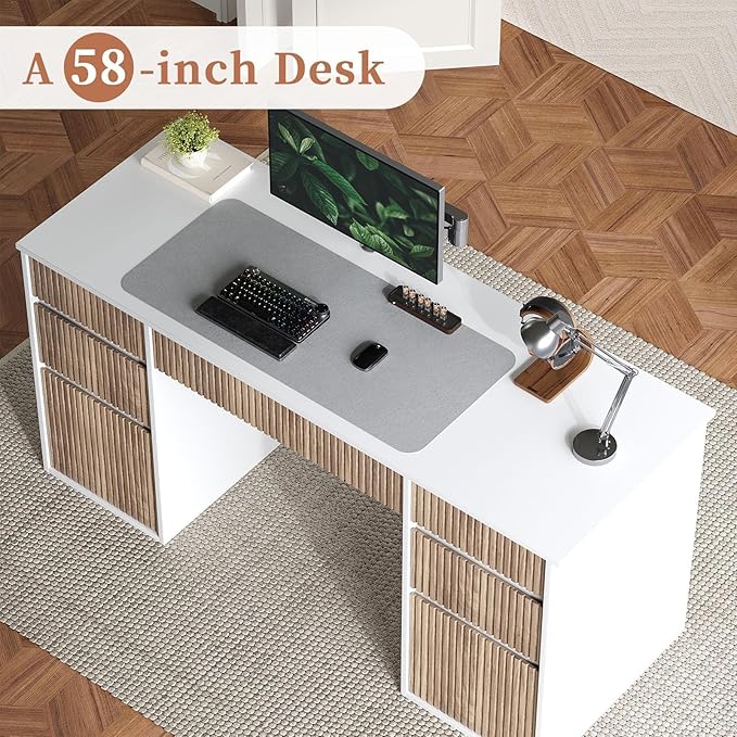 4 EVER WINNER 58 Inch White Desk with Drawers, Home Office Desks with 7 Storage Drawers, Executive Desk with File Cabinet for Bedroom Study Work Table Writing, White and Walnut