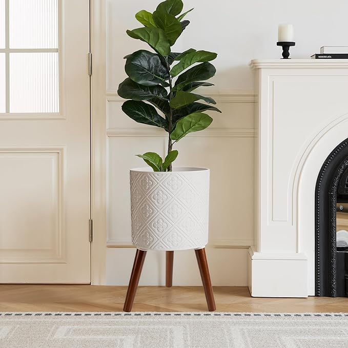12 Inch Planter with Stand, Planter for Indoor Plants, Modern Large Flower Planter Pot with Drainage Holes for Outdoor,Matte White