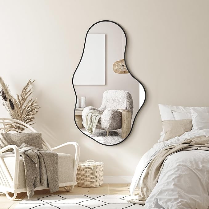 Irregular Wall Mirror, 26"x43" Black Abstract Asymmetrical Mirrors for Wall, Decorative Cloud Aesthetic Mirror for Bathroom, Bedroom, Cloakroom, Entryway, Shatter-Proof Aluminum Alloy Frame