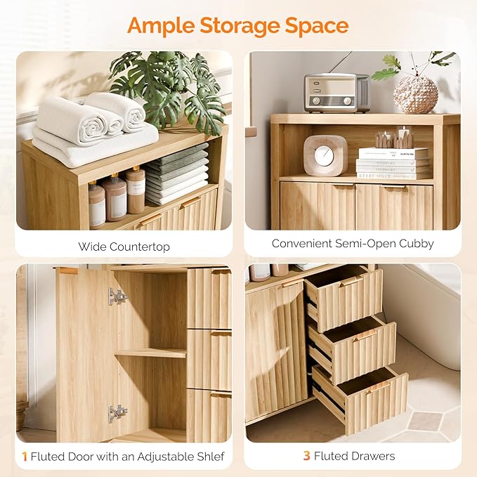VINGLI Fluted Bathroom Floor Storage Cabinet with Fluted Door 3 Drawers,Modern 12 Inch Deep Short Bathroom Storage Cabinet Organizer Free-Standing for Small Space w/Adjustable Shelf,Natural Oak Color