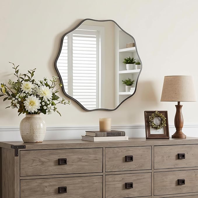 PERFNIQUE Black Scalloped Mirror, 20'' Round Wall Mirrors Wavy Wood Framed for Bathroom Nursery Bedroom Living Room Entryway, Decorative Modern Wall Decor