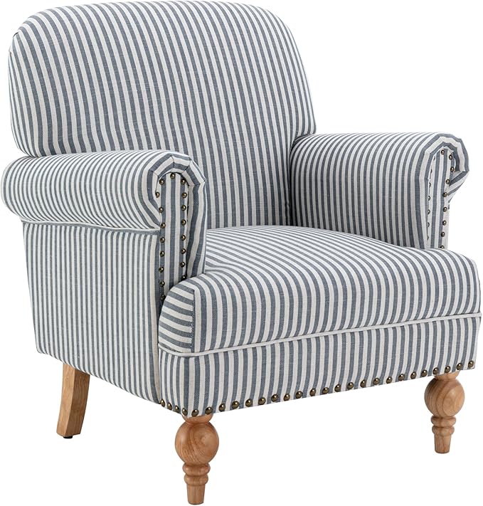 Linen Accent Chair Mid-Century Modern Living Room Armchair with Nailhead Trim & Wood Legs Comfy Upholstered Single Sofa Chair for Lounge/Bedroom/Reception, Blue Stripe