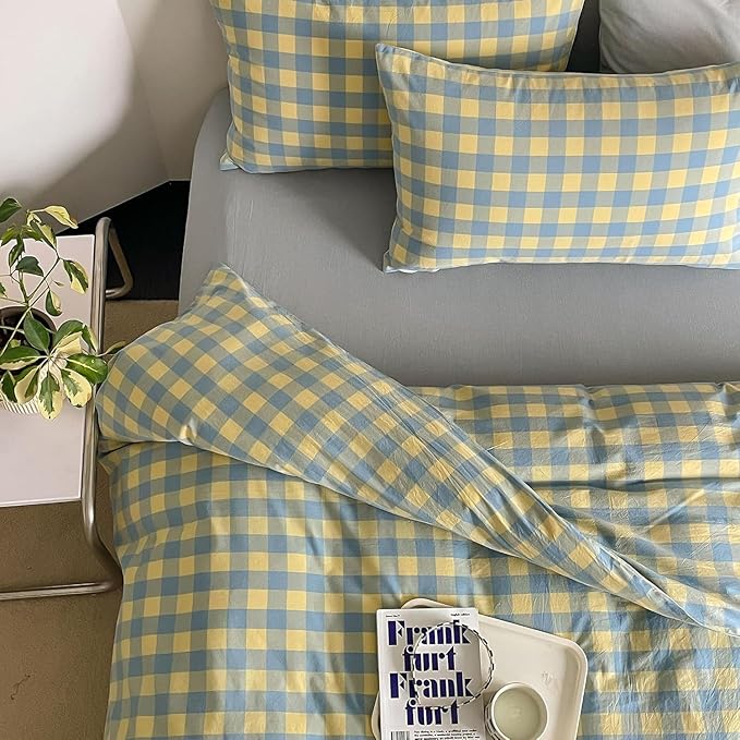 mixinni Plaid Duvet Cover Set Twin Yellow - Soft Washed Cotton Modern Geometric Bedding Set with 2 Pillowcases, Blue Green Gingham Grid Twin Duvet Cover for Men & Women, Soft & Lightweight