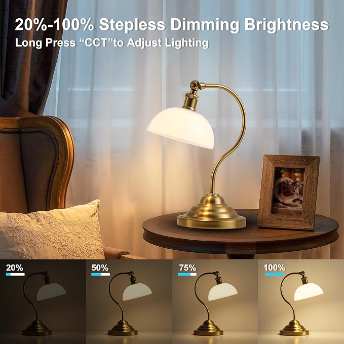 KARTOOSH Cordless LED Table Lamp Set of 2, Battery Operated Desk Lamps with Swing Arm & Plastic Shade, Vintage Small Rechargeable Dimmable Light for Bedroom, Living Room, Nightstand, Brass/White