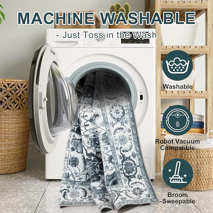WILLSUN Washable Area Rugs, 3x5 Non-Slip Boho Large Area Rugs for Living Room, Bedroom, Machine Washable Vintage Rug, Indoor Floral Print Carpet for Home Decor, Kid & Pet Friendly Mat