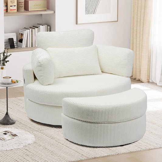 Oversized Swivel Chair with Ottoman, 41.3" Swivel Accent Chair, Barrel Chairs with USB Charging Port, Round Chaise Lounge Indoor with 4 Pillow, Reading Chairs for Living Room (White, Large)