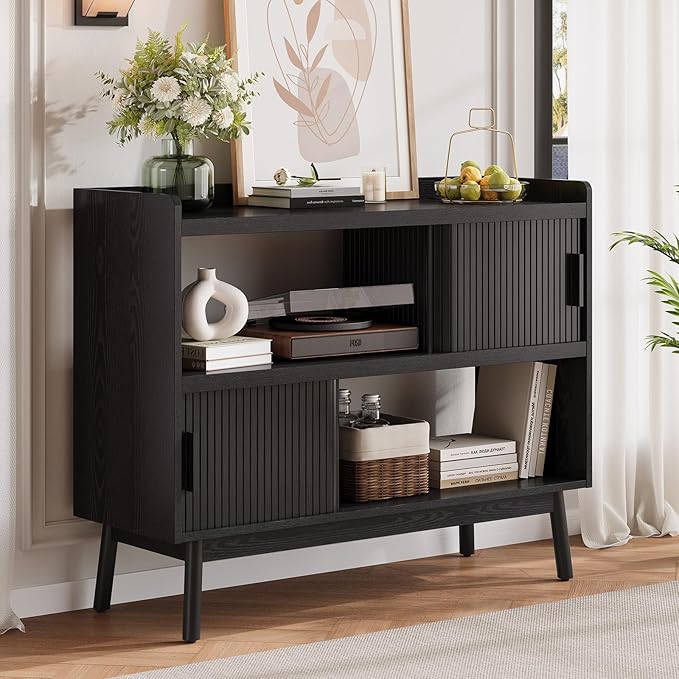 Mid-Century Modern Buffet Sideboard Cabinet with Outlet, 44" Sideboard Buffet Cabinet with Sliding Door & Adjustable Shelves, Fluted Accent Coffee Bar Console Table with Wooden Feet (Black)