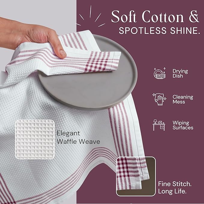 Waffle White & Burgundy Wine Dish Towels Set of 4, 100% Cotton, 16x26 inches, Reusable Cleaning Cloths for Drying Dishes, Quick Dry Kitchen Towel, Durable for Heavy-Duty Use