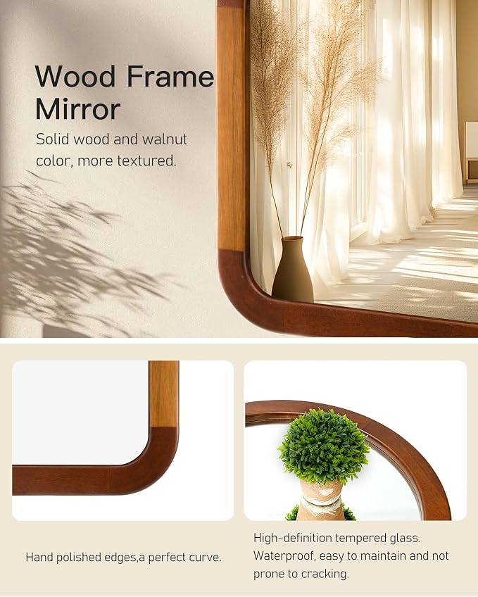 Arched Mirror 34 x 29 Inch,Brown Wood Rustic Bathroom Tempered Wall Mirror with Wood Frame,Round Corner Arch Farmhouse Wooden Vanity Mirror for Living Room,Entryway or Bedroom（Walnut Brown）