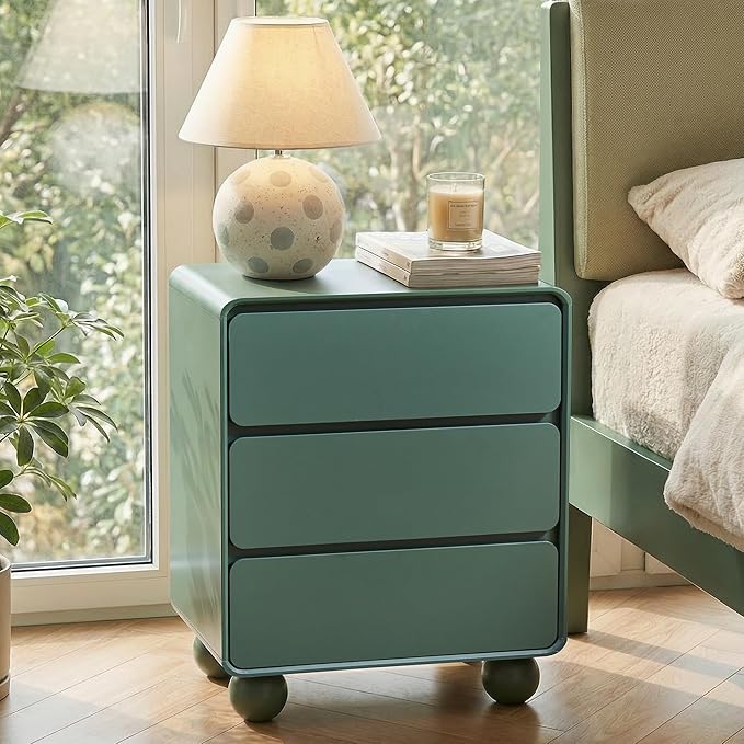AVZEAR Set of 2 Modern3 Drawer Dresser for Bedroom, Curved Wooden Dresser Chest of Drawers, 3 Drawer Nightstand Closet Clothes Storage Organizer for Kids Bedroom, Living Room, Nursery, Green