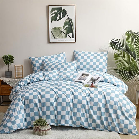 Pureant Blue and White Plaid Comforter Set Twin Blue Checkerboard Grid Bedding Comforter Sets Buffalo Grid Twin Comforter for Women Men Soft Checkered Geomertic Comforter Sets