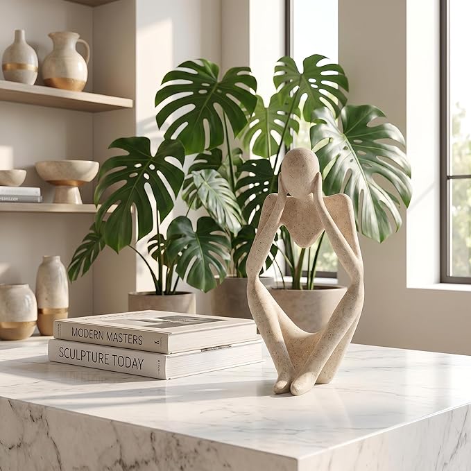 Abstract Thinker Statue, Palm-Sized Sandstone-Look Resin Sculpture for Home Decor, Modern Tabletop Statue Decor for Bookshelf, Office, Living Room and Bedroom