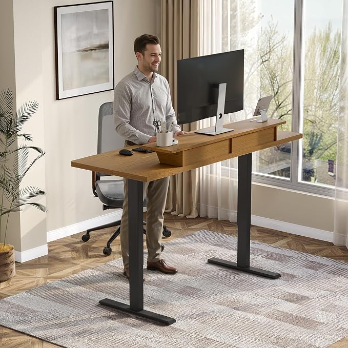 55 x 24 Inches Electric Standing Up Desk with Monitor Shelves,Height Adjustable Computer Desk from 28-46''with Memory Controller,Modern Home Office Desk for Work,Study,Oak Brown