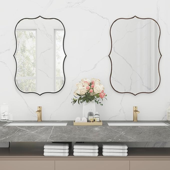 SHYFOY Decorative Wall Mirror Asymmetrical Mirrors for Wall Decor, Black Irregular Mirror for Living Room Decor, Modern Large Mirror Abstract Clound Shape, 24"x35", Scalloped Wood Frame