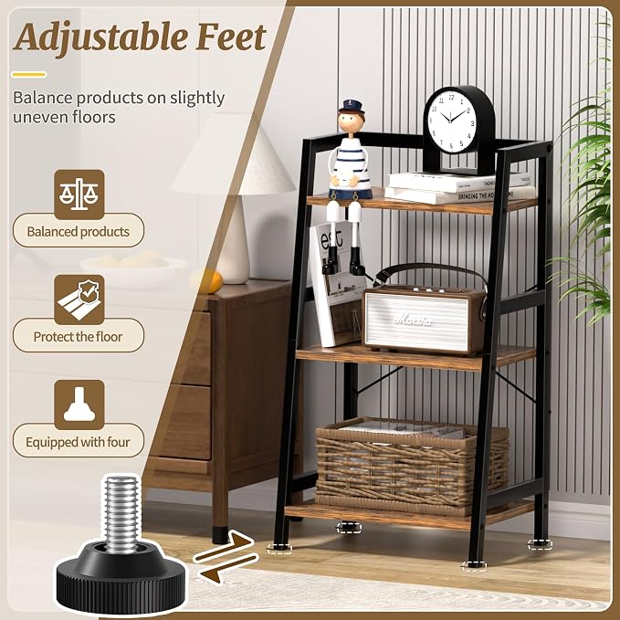 3-Tier Bookshelf, Ladder Shelf, Industrial Bookcase with Steel Frame, Metal Small Bookcase, stand up shelves for Living Room, Home Office, Kitchen, Bedroom, Industrial Style（Rustic Brown & Black）