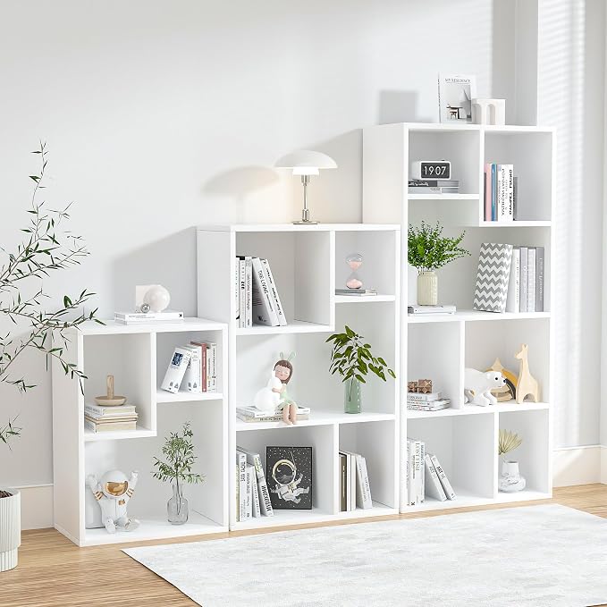 VECELO 42 Inch High Bookcase, 4-Tier Modern Storage Cabinet with Height Difference Shelves for Standard Textbooks, Floor Standing Display, 7 Cubes, Horizontal Avaiable, Easy Assembly, Pearl White