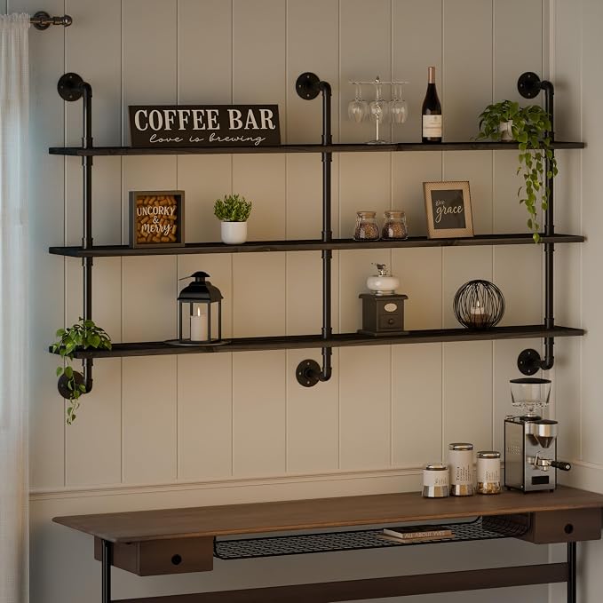 HDDFER Floating Shelves 70 inch Wall Bookshelf Industrial Pipe Shelving Shelves Real Wood Planks Rustic Wall Shelves Hanging Bookshelves Farmhouse Kitchen Bar Shelving