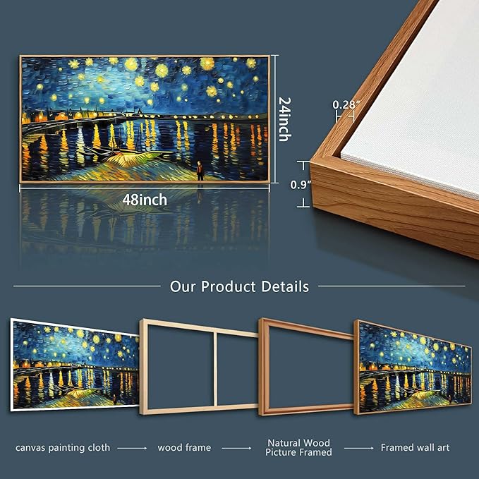 hyidecorart Abstract Blue Vintage Pictures Artwork Canvas Wall Art For Living Room Large Wall Decor For Office Modern Bedroom Decoration Night Scene Wall Paintings Home Decor Wood Framed 24x48